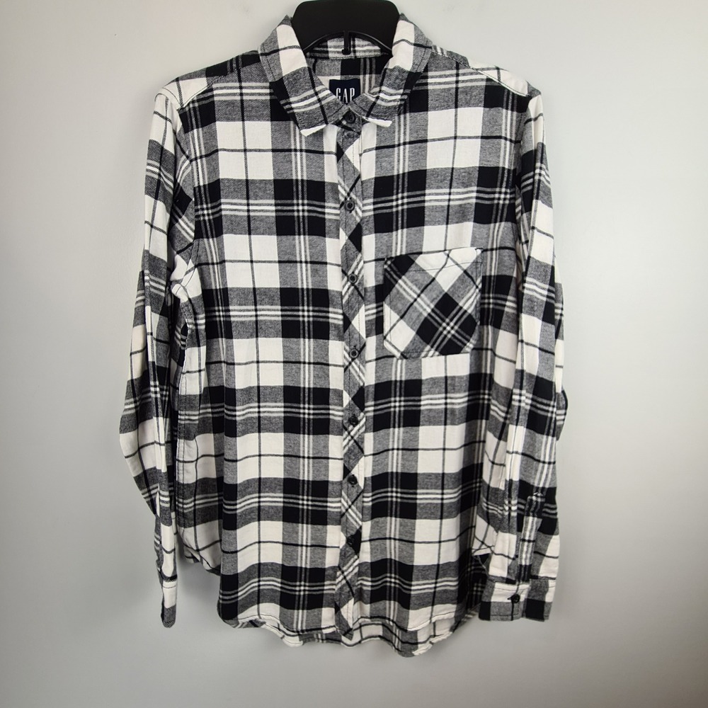 GAP Women Relaxed Fit Flannel Shirt‎ Small Black White Billie Plaid Cotton NWT